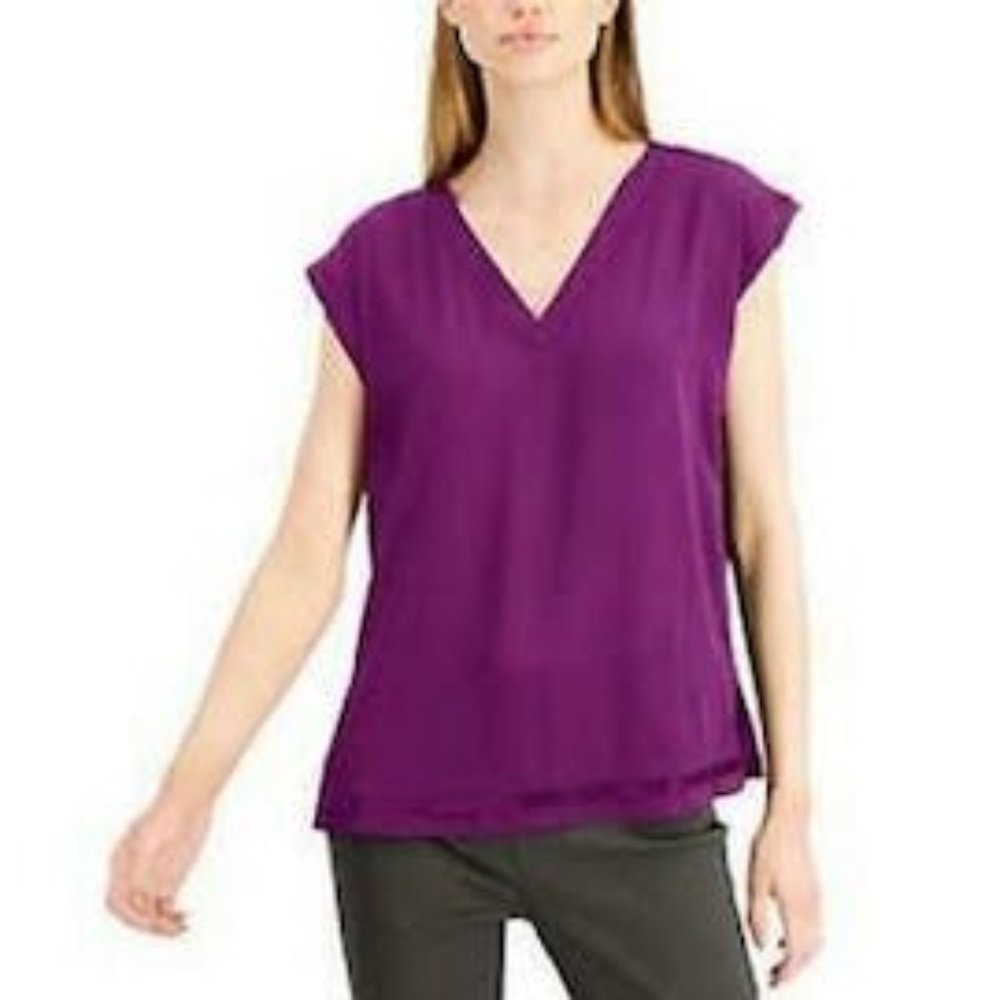 ALFANI Womens Knit-Back Cap-Sleeve Top, L/Fuchsia Pink